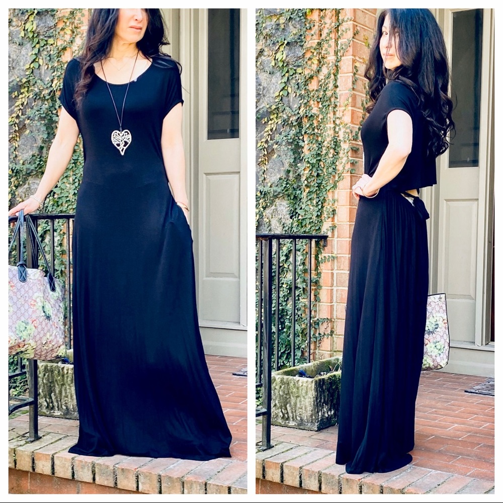 Black open back chic maxi dress with side pockets - Picture 4 of 6